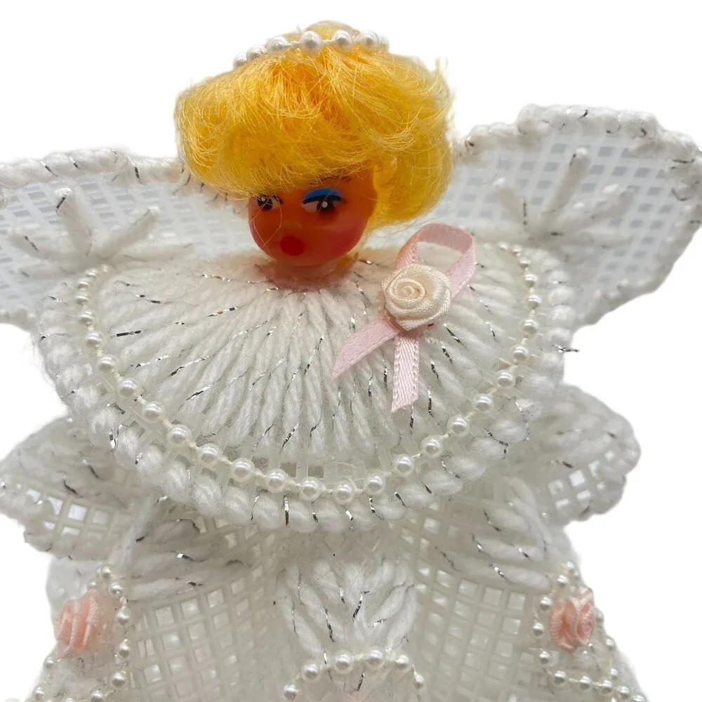 Vintage Handmade Christmas Angel White pink rosettes Blonde rubber face ornament
